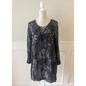 Old Navy M Long Sleeve Tie Neck Swing Dress Black & Gray Print